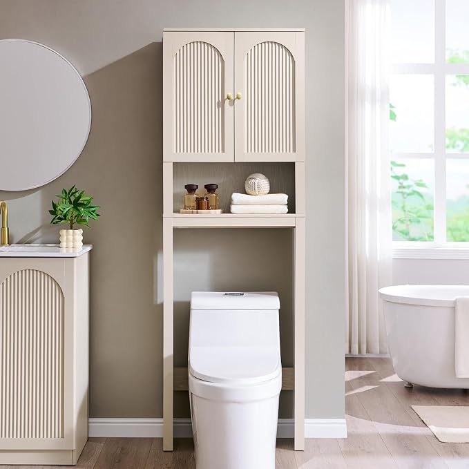 72" Over The Toilet Storage Cabinet, Modern Over Toilet Bathroom Organizer Shelf with Fluted Arched Doors, Wooden Free Standing Bathroom Storage Cabinet with Adjustable Shelf, Space Saver, Cream
