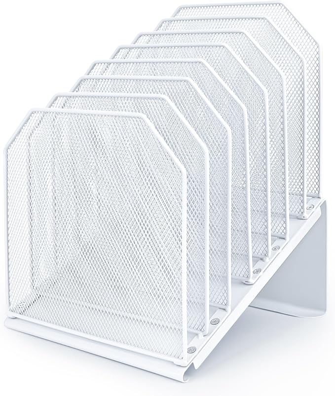 SUMMORO Inclined File Organizer for Desk, 7-Tier Vertical File Folder Holder Office Desk Organizer Metal Rack File Wire Mesh Desktop Document Sorter for Office School Classroom Home (White)