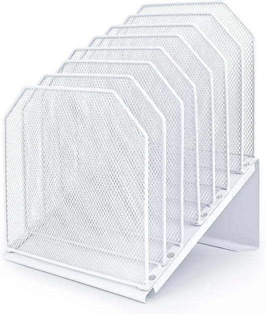 SUMMORO Inclined File Organizer for Desk, 7-Tier Vertical File Folder Holder Office Desk Organizer Metal Rack File Wire Mesh Desktop Document Sorter for Office School Classroom Home (White)