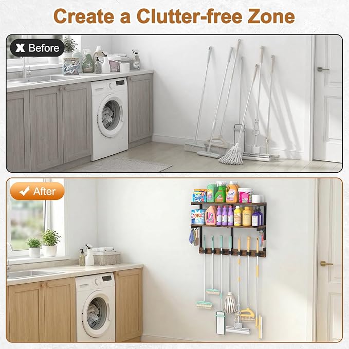Housolution Wall Mount Broom Holder Laundry Room Storage Organizer Shelves | 2 Tier Large Capacity, Thickened Metal Frame, 100 LBS High Load-Bearing, Multifunctional with 7 Grippers & 8 Hooks