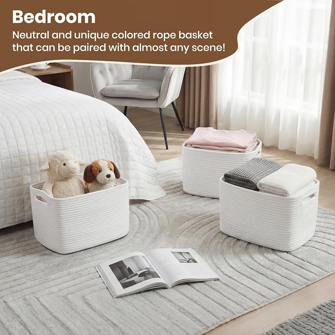 Storage Baskets for Organizing, 14 x 10 x 9” Closet Shelf Woven Baskets, Square Bins with Handles, Cotton Rope Basket for Clothes, Office, Room, White 3 Pack