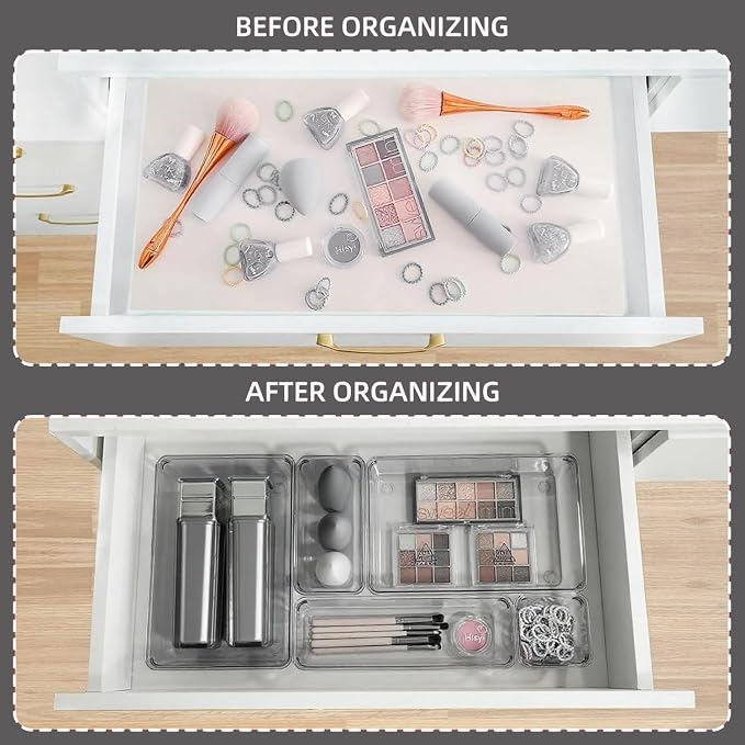 Kitchen Desk Drawer Organizers Storage for Office, Small Acrylic Vanity Trays Makeup Organizer for Drawer Bathroom Plastic Make up Organizers 25 Pcs Clear Black