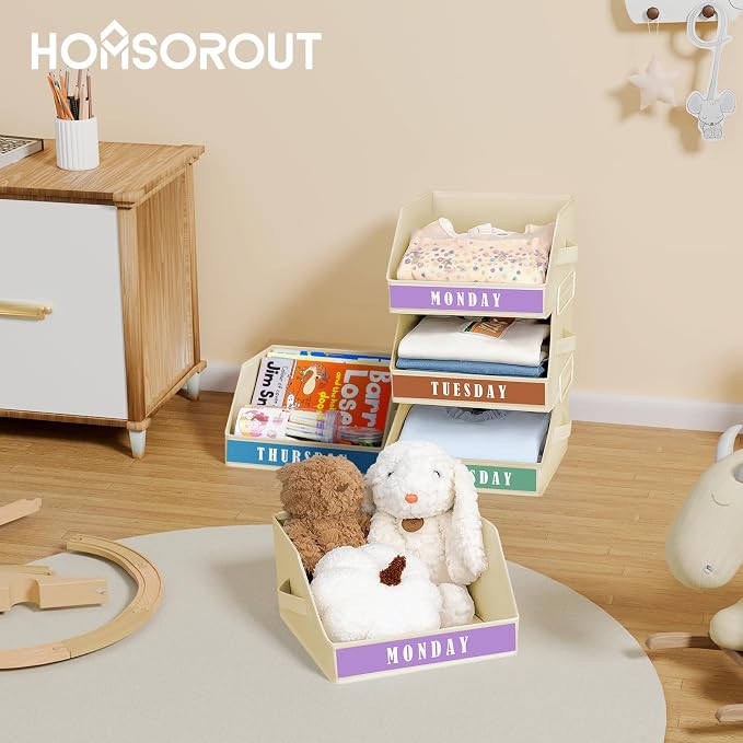 Closet Organizers and Storage - 5 Tier Shelf Organizer with Weekly Labels, Stackable Storage Bins with Metal Frame, Foldable Cube Bins, Home Baskets for Kids and Adults, Beige
