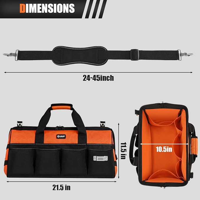 UUP Tool Bag ExtraLarge 20", Heavy Duty Spacious Tool Box Organizer, Orange | 16 Pockets & MOLLE. Detachable Strap & Handle. Non-slip Base, Metal Buckle. 30lb Holds Tools on Truck, Garage, Men Gift.