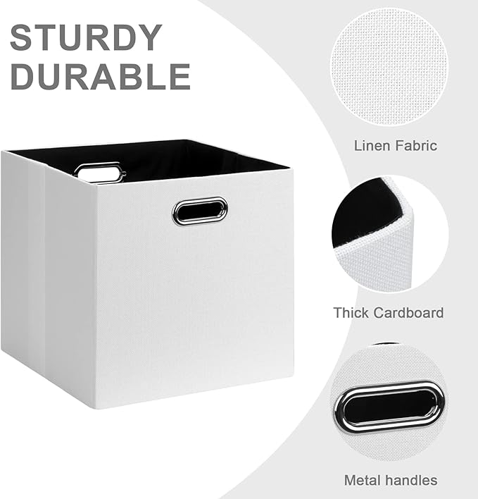Posprica Fabric Storage Cubes, 13x13 Collapsible Storage Bins with Dual Handles, Foldable Storage Boxes Basket for Closet Shelf Cabinet Bookcase Organization, Set of 4, White