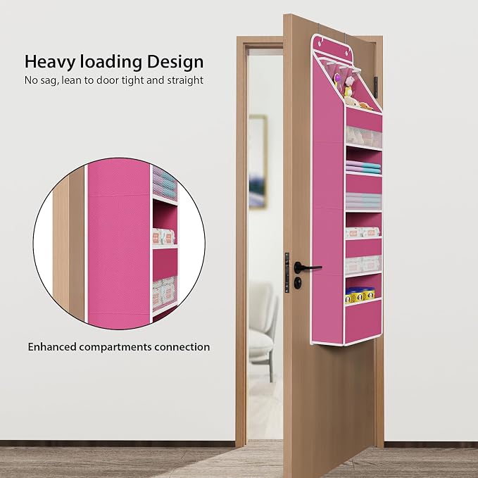 Univivi Fabric Over Door Hanging Organizer for Baby Nursery, Pink, 5-Shelf | Door Storage with Large Capacity Breathable Mesh Pockets, Over Door Storage Organizer for Baby Essential, Bedroom, and Dorm