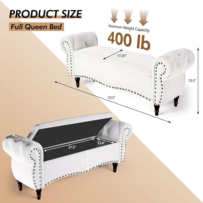 Storage Ottoman Bench, 51" Upholstered Bench & Ottoman with Safety Hinge, Tufted Bed Bench with Rolled Arm and Nailhead Trim, End of Bed Storage Bench for Bedroom, Living Room, Entryway White
