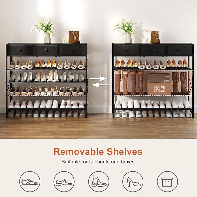 5 Tier Shoe Rack with 3 Drawers Black | Holds 24-30 pairs. 3 drawers for accessories. Fabric shelves keep shoes dust-free. Quick 20-min assembly.