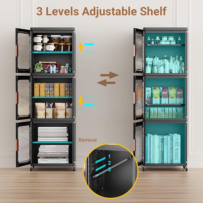 BROVIEW 3-Tier Tall Narrow Storage Cabinet 14.6” Wide, Slim Bathroom Cabinets with Adjustable Shelves and Doors, Plastic Kitchen Pantry Organizers and Storages for Small Space, Laundry, Black