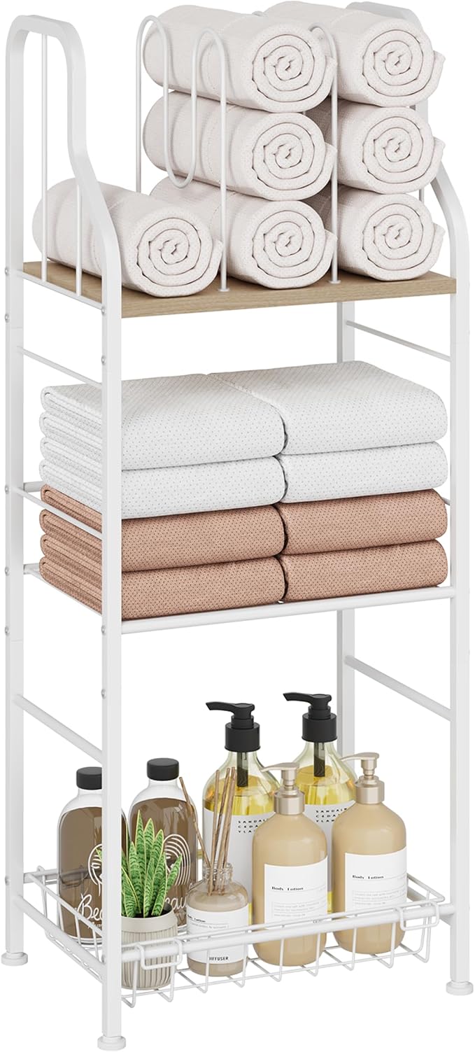 SWTYMIKI Free Standing Towel Rack - 3 Tier M-Shaped Detachable Dividers Towel Shelf for Bathroom, Durable Metal Pool Towel Holder, Modern Space-Saving Bath Towel Storage Organizer