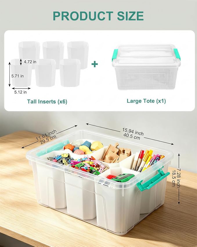 EOENVIVS Clear Storage Tote with 6 Tall Inserts, Large Plastic Organizer Box with Lid and Handles, 15.94x11.61x7.28 Inches, Multi-Functional Container for Cosmetics, Toys, School Supplies