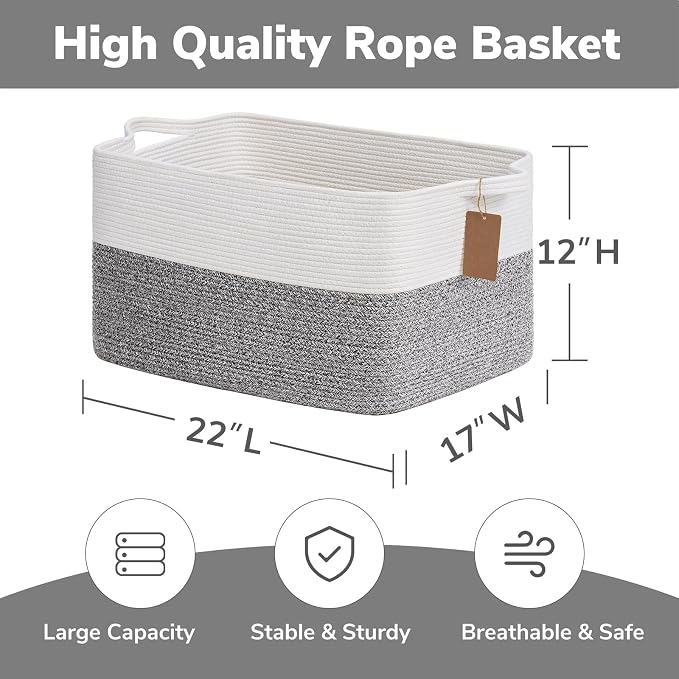 Goodpick Extra Large Woven Rope Storage Basket, Rectangle, Light Gray | 75L, 22 × 17 × 12 in, Cotton Rope, Reinforced Handles, Blankets, Pillows & Clothes Storage, Blankets & Living Room Decor