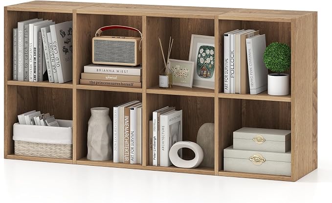 Giantex 8-Cube Bookcase, 3-Tier Cubby Bookshelf, Horizontal Vertical Display Rack with Anti-Tipping Kits, Modern Storage Organizer Shelf Unit for Bedroom, Living Room, Study (Natural, 8-Cube)
