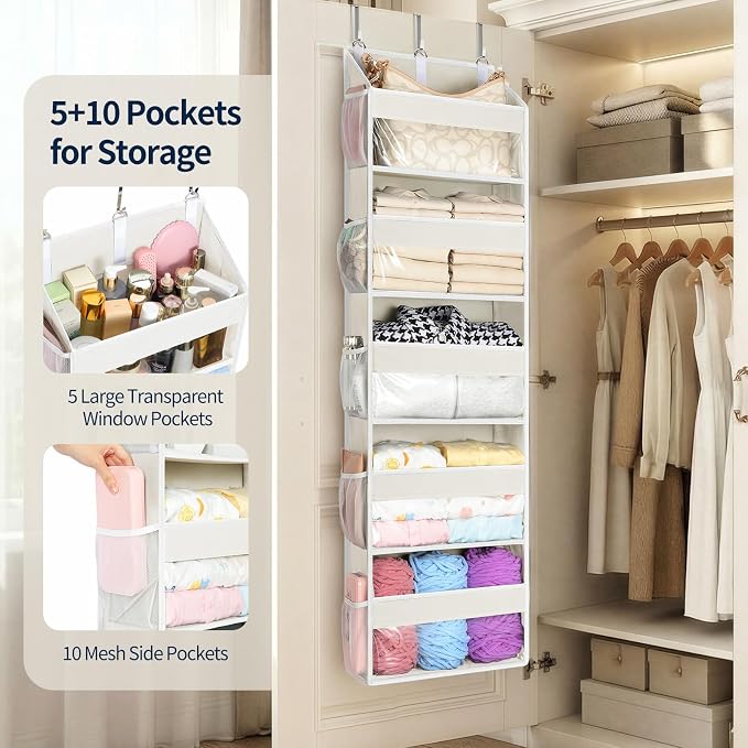 Yecaye 5 Tier Clear Over the Door Organizer Hanging, 5 Large Plastic Pockets and 10 Side Pockets Back of Door Organizer, 56lbs Weight Capacity Behind the Door Storage for Nursery, Ivory White