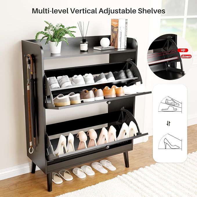 YZ HOME Shoe Storage Cabinet with 2 Flip Drawers | Entryway Shoe Cabinet, Metal Hooks & Adjustable Shelves, Freestanding Narrow Shoe Rack for Hallway Foyer, Black