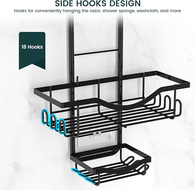 Shower Caddy Hanging Adjustable Shower Caddy, Rustproof Shower Organizer Extended Length Shower Caddies Over Shower Head with Hooks Soap Holder, Large Capacity Anti-Swing Bathroom Storage, Black | Extra Long, No Drilling, Anti-Slip, Shower Caddy Over S...