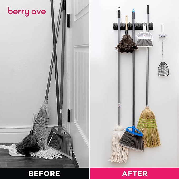 Broom Holder Wall Mount, Mop and Broom Organizer – Wall Mounted Broom Rack & Mop Rack, Rack for Brooms and Mops | Broom Hanger Wall Mount with 5 Slots & 6 Hooks, Kitchen Garage Laundry Garden