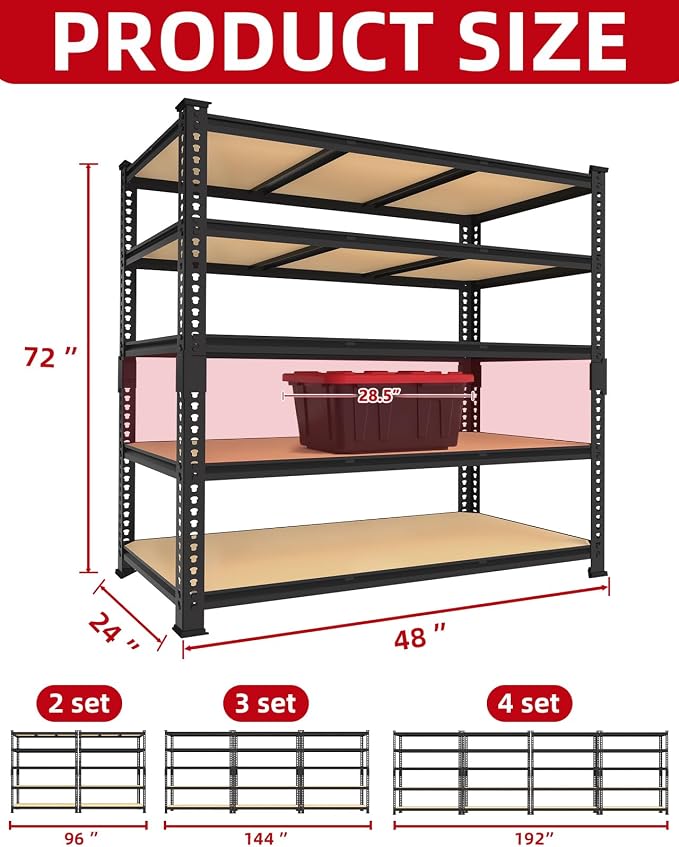 PrimeZone 3250 LBS Heavy Duty Garage Storage Shelves, 5 Tier Metal Shelf | 48"W X 24"D X 72"H, Adjustable Shelving Unit, 10 Support Beams, Easy Assembly, Standing Utility Rack for Warehouse, Basement