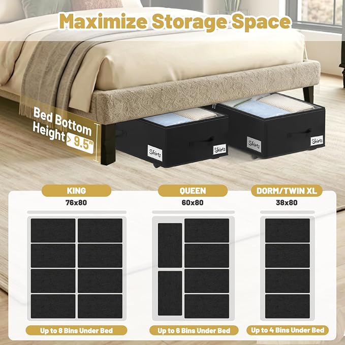 Under Bed Storage with Wheels, 2 Pack Underbed Storage Containers with Clear Lid & Label, XXL 75L Easy Assembly Rolling Under Bed Shoe Storage for Clothes, Shoes, Blankets, Black(28.3 X 16.5 X 9.5 in)