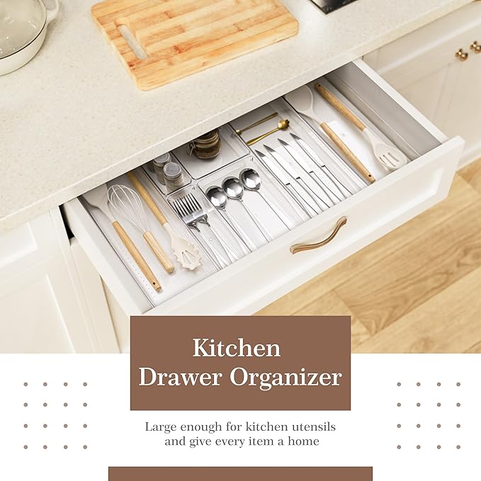 Criusia 14 PCS Clear Plastic Drawer Organizer Set - 5 Large Size Versatile Kitchen and Bathroom Organizer Trays, Non-Slip Storage Bins for Makeup, Utensils, Tool and Office Desk