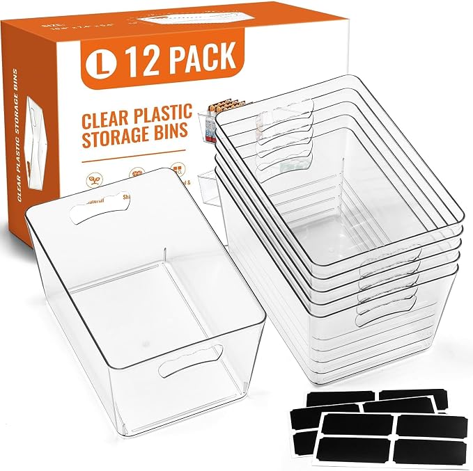 12 PACK LARGE Clear Storage Bins with Handles & Labels, Multiuse Plastic Pantry Organizer Bins for Home Kitchen, Fridge, Freezer, Cabinet, Closet, Bathroom, Shelf, Laundry, RV, Under Sink Organization
