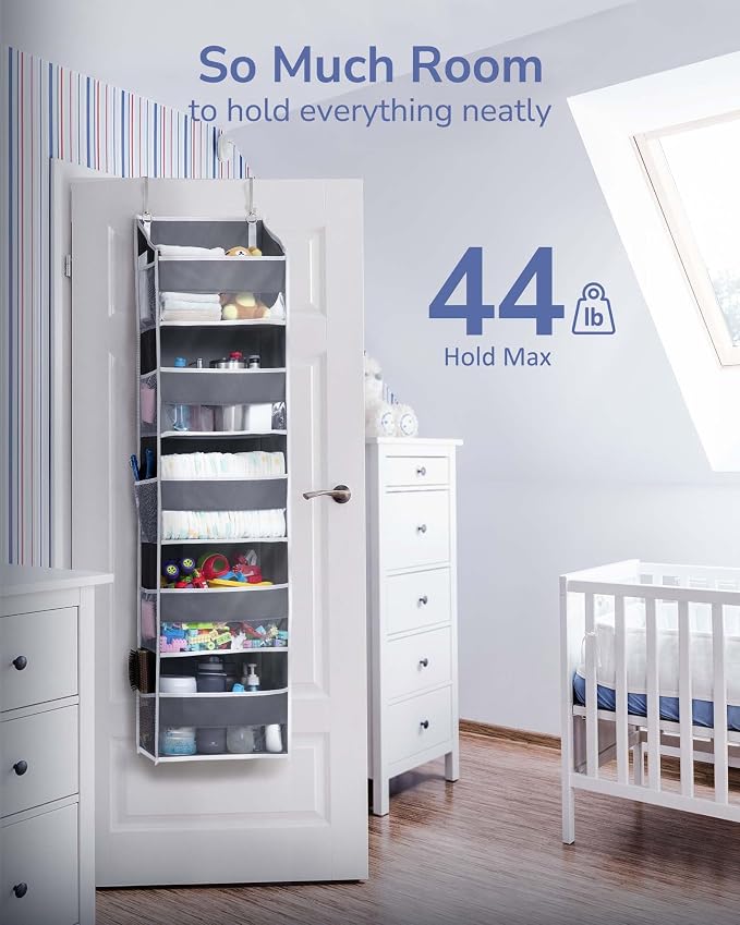 ULG 1 Pack Over Door Organizer with 5 Large and 10 Mesh Side Pockets, 44 lbs Weight Capacity Hanging Storage with Clear Window Kids Toys, Shoes, Diapers, Dark Grey, 5 Layers