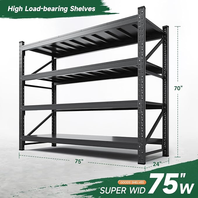 Letaya 8000LBS Storage Shelves Heavy Duty,75" W Garage Shelving Units, 4 Tier Adjustable Utility Rack Shelf,Large Metal Industrial Shelves,for Shop,Warehouse,Basement,Black (75" W x 24" D x 70" H)