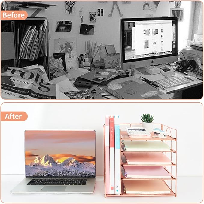 LEKETREE Desk Organizers and Accessories, 5-Tier Paper Letter Tray Organizer with File Holder, Desktop Organizer for Office Supplies (Rose Gold)