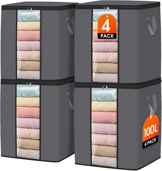 SpaceWhisper 4 Pack 100L Clothes Storage, Foldable Thick Fabric Blanket Storage Bags, Containers for Organizing Bedroom, Closet, Clothing, Comforter,Closet Organization with Handle,Grey