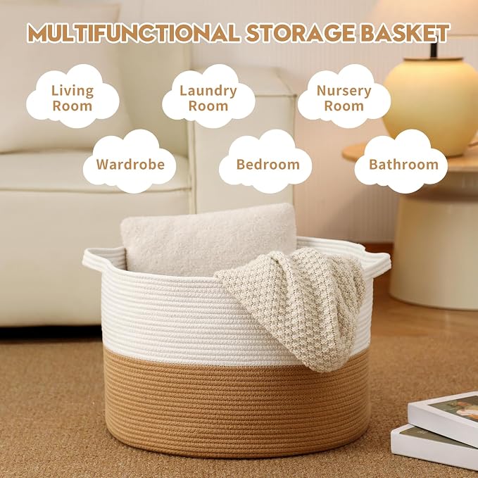 Foldable Laundry Hamper Basket with Collapsible Handle Cotton Rope Soft Woven Fabric Storage Organizer Clothes Toys Nursery Bedroom Dorm Space Saving Bin (White & Camel, 115L(23.6"D x 15.7"H))