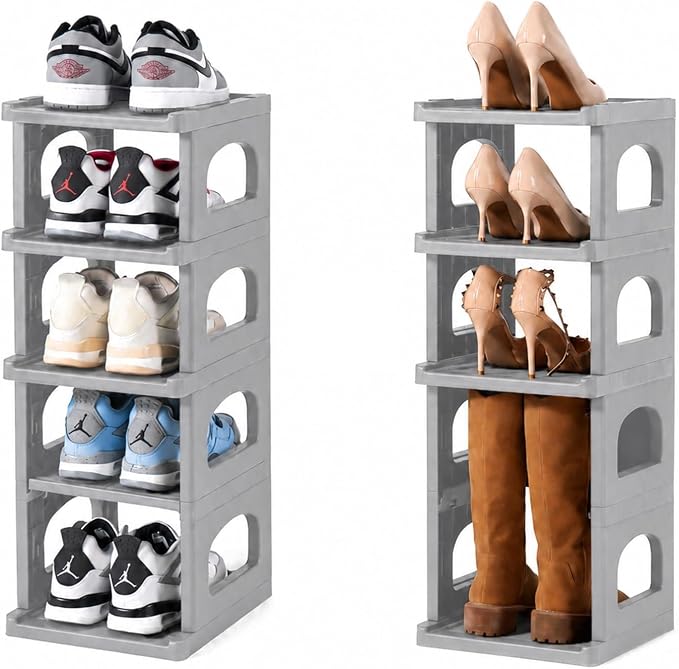 5 Tiers Vertical Shoe Rack for Closet Narrow Shoe Holder Storage Organizer, Plastic Free Standing Shoe Rack Shelf for Entryway Stackable Stability DIY, Grey