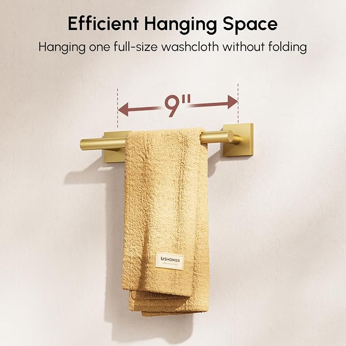 Brushed Gold Hand Towel Bar, 9 Inch Towel Racks for Bathroom | Thicken 304 Stainless Steel Towel Holder with Square Base, Towel Rod Wall Mounted, Modern Home Decor (Total Length 11 Inch)