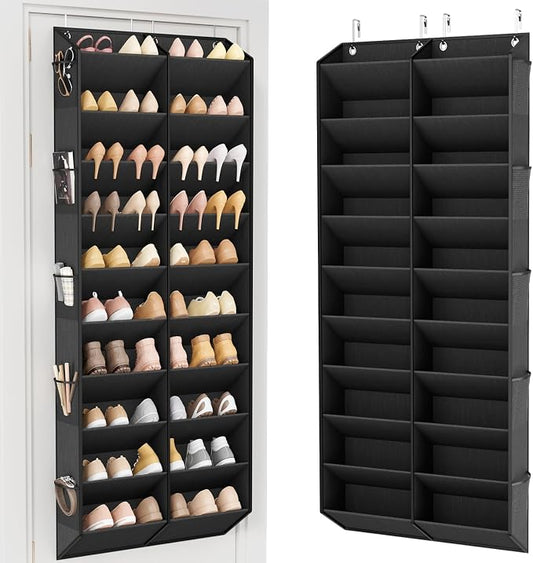 LANTEFUL Over the Door Shoe Organizer, Hanging Shoe Rack for Closet Door Shoe Storage for 30 Pairs Sneaker and Boots, Large Shoe Holder for Door with 10 Side Pockets, Space Saving, Black