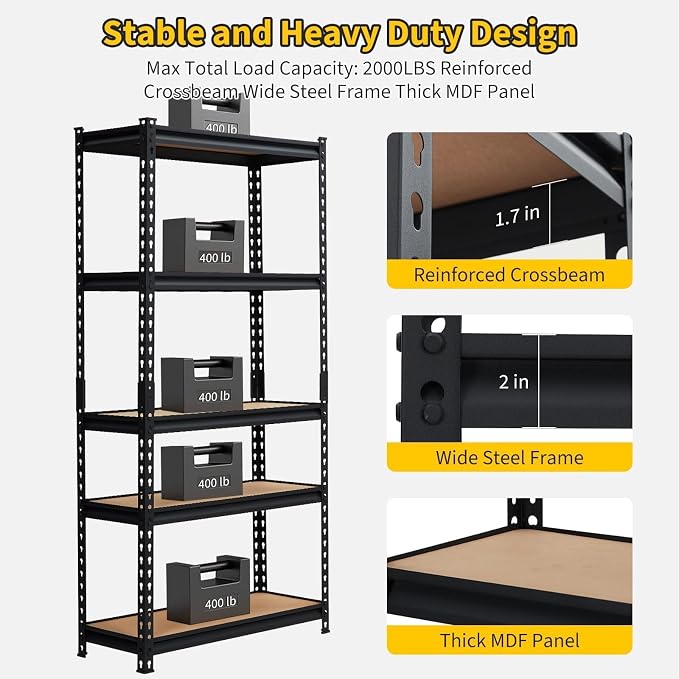 Storage Shelving Unit, 5-Tier Adjustable Metal Storage Shelves, 30" L x 12" W x 60" H Heavy Duty Garage Storage Shelves for Kitchen Pantry Basement Bathroom Laundry