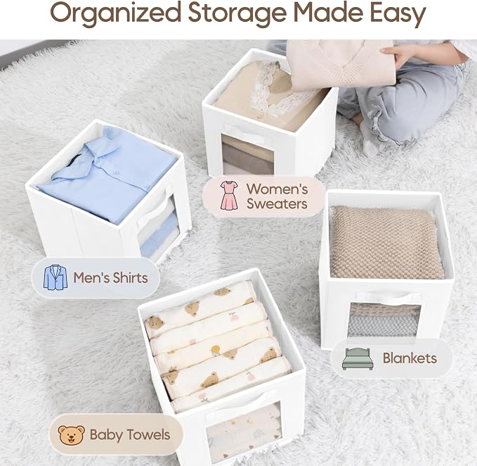 Storage Cube 11 Inch - Cube Storage Bins with Window, Closet Storage Baskets with Handle, Fabric Bins for Closet, Shelves, Toys, Clothes, Set of 12, White