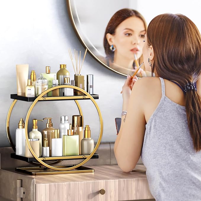 Makeup Organizer Vanity, Black Gold Perfume Organizer for Dresser | 2-Tier Bathroom Counter Organizers, Bathroom Countertop Shelf, Skincare Storage Perfume Stand, Vanity Trays Cosmetic Display