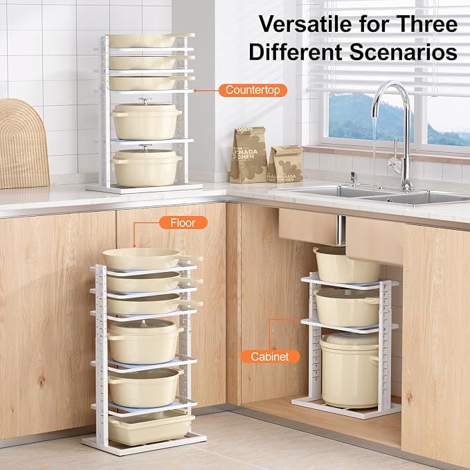 LAMU Pots and Pans Organizer for under Cabinet, 6-Tier Heavy Duty Pan Pot Organizers inside Cabinet Adjustable 14 to 24.57", Pot Rack Kitchen Cabinet Organization and Storage Holds up to 12" Cookware