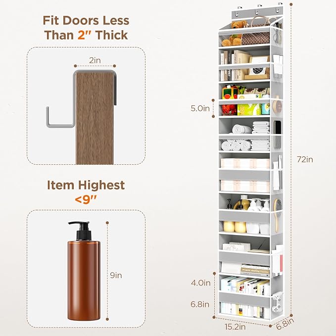 Mefirt Over The Door Organizer, 8 Shelf Door Hanging Organizers with 8 Large Capacity Pockets, Back of Door Organizer Storage Hanging Shelves for Closet Bathroom Bedroom Nursery
