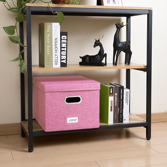 File Organizer Box - Set of 2 Collapsible Decorative Linen Filing Storage Hanging File Folders with Lids Office Cabinet Letter/Legal Size Pink (17x14x11.2 inch)