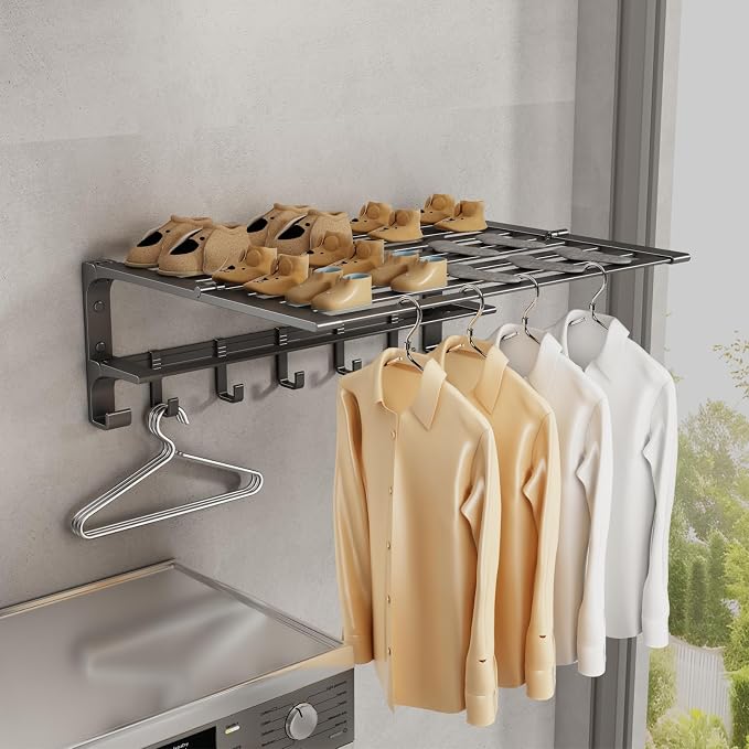 VOLPONE 24 Inch Towel Rack with Towel Bar Holder Foldable Large Towel Shelf with Movable Hooks Rustproof Widened Towel Storage Rack Wall Mount for Bathroom Lavatory Matte Grey