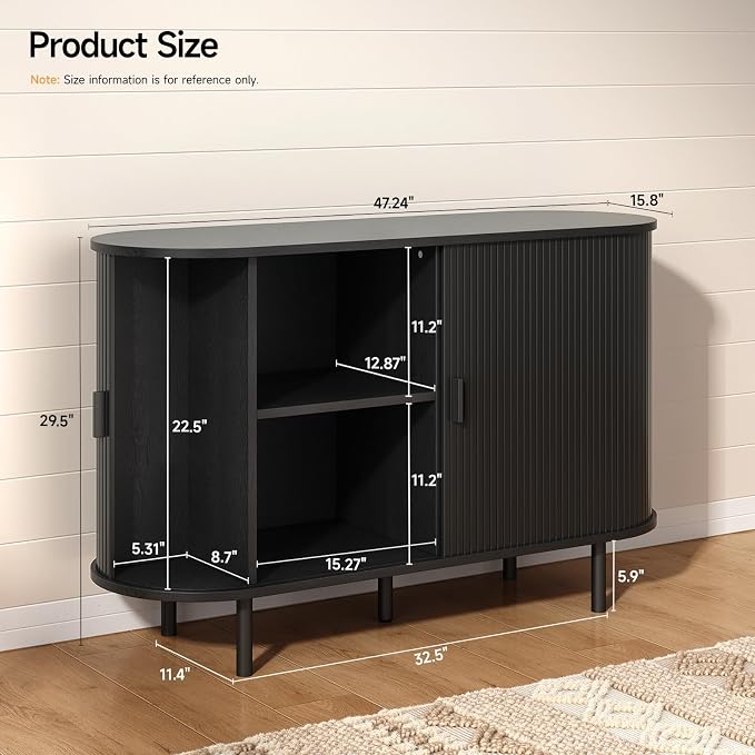 48" Sideboard Buffet Cabinet with Storage, Storage Cabinet with Sliding Door & Adjustable Shelf, Modern Accent Coffee Bar Console Table for Kitchen, Entryway, Black