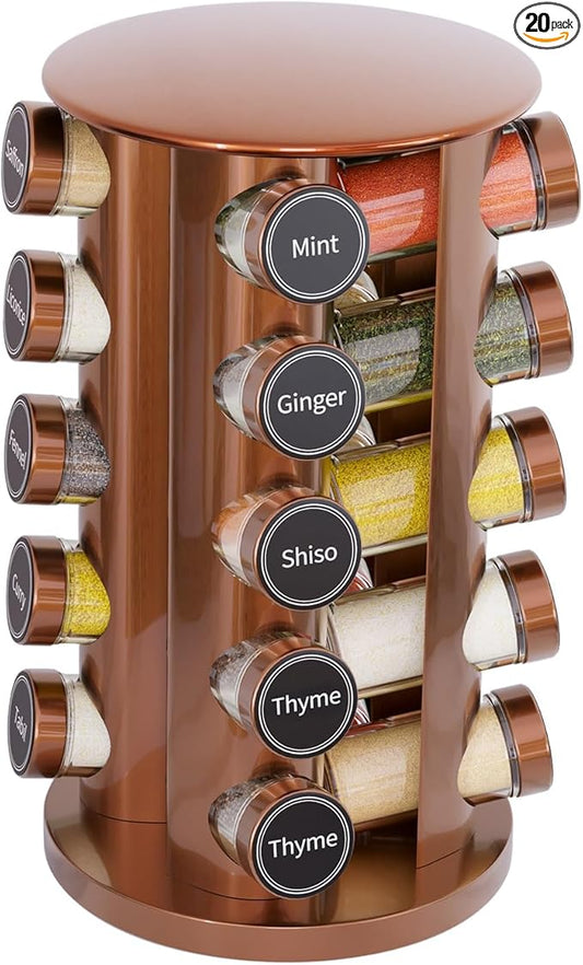 New England Stories Revolving Spice Rack Set with 20 Spice Jars, Kitchen Spice Tower Organizer for Countertop or Cabinet - Carousel Storage Includes 386 Spice Labels (Gold)