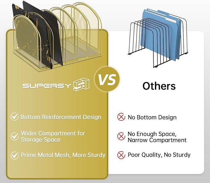 SUPEASY 5-Section File Organizer for Desk, Metal File Folder Holder, Gold | 5 Vertical Compartments with Sturdy Metal Base for Office Documents Books Magazines and Laptop