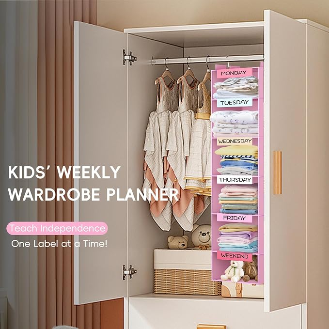 Weekly Hanging Closet Organizer for Kids, 6-Shelf Clothes Storage with Labeled Days of The Week Monday Through Friday, Weekday and Weekend, Days of the Week Clothes Organizer