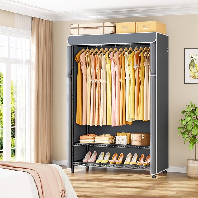 H5C Plus Clothes Rack with Cover, Covered Clothing Rack Heavy Duty | Garment Rack with Shelves, 3-Tier Portable Closets for Hanging Clothes, Max Load 370LBS, Black Closet Racks with Gray Cover