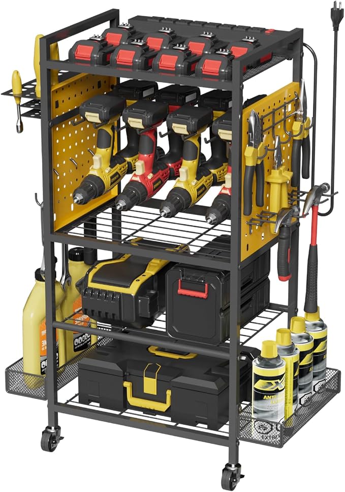 Power Tool Organizer Cart with Charging Station, Heavy Duty Garage Tool Organizer Rolling Tool Battery Storage with 8-Outlet Power Strip, a 6.5-FT Cord,4 Wheels, 2 Hanging Baskets, Hooks ,Yellow
