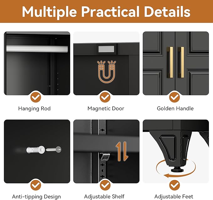 Polup 71" Metal Armoire Wardrobe Closet with Doors and Adjustable Shelves | Freestanding Tall Clothing Storage Cabinet, Heavy Duty, Hanging Rod, Magnetic Closure, for Bedroom, Office, Garage, Black