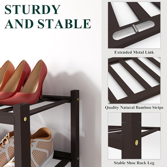 Smiry Bamboo Shoe Rack, 12 Vertical Slats, 4 Tier - 33.7" Wide, Brown | Stackable Free Standing Wooden Shoe Organizer, Wood Shoe Storage Shelf for Closet, Entryway