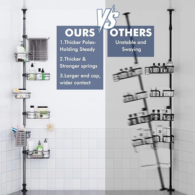 Corner Shower Caddy Tension Pole,Bathroom Shelf for Inside Shower Organizer | Adjustable 30-120’’ Storage, 6-Tier Shower Shelves, Rustproof Shower Rack with Towel Bar, Soap Dish & Toothbrush Holder