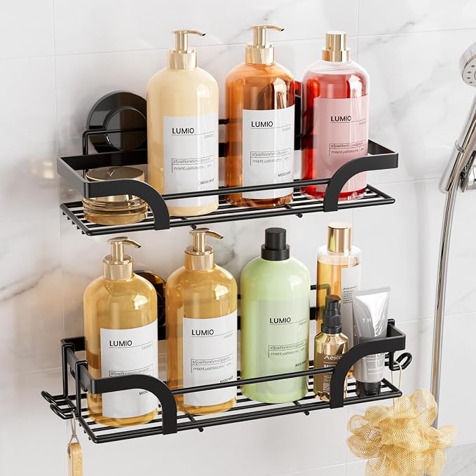 LEVERLOC 2 Pack Shower Caddy Suction Cup, Shower Shelves for Inside | Rustproof Bathroom Storage, NO Drill Bathroom Organizer, Heavy Duty Storage Basket, Black Shower Caddies, Metal Shower Shelf